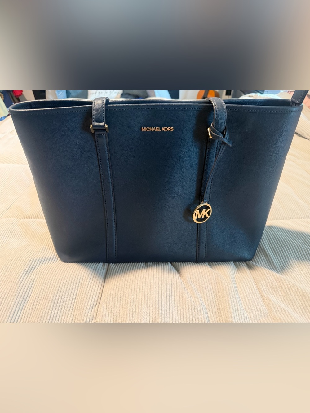 Michael Kors Navy Blue Leather Double Handles Zipper Closure Tote Shoulder Bag